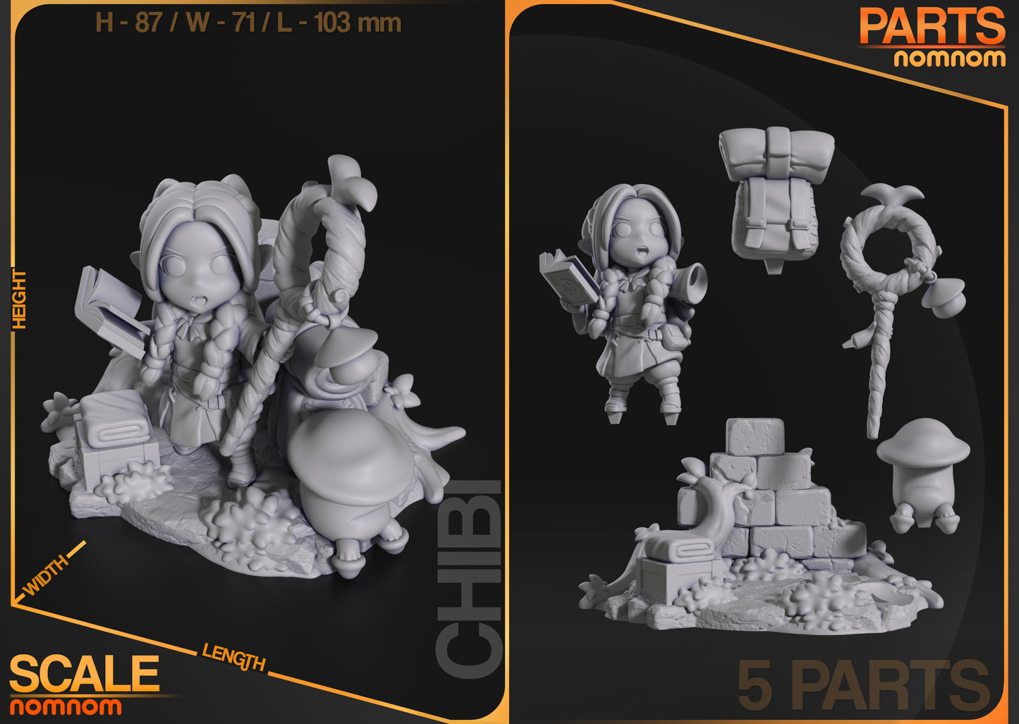 Chibi Dungeon Elf Mage with Spell Staff - 3d Printed Resin Garage Kit - Unassembled, Unpainted