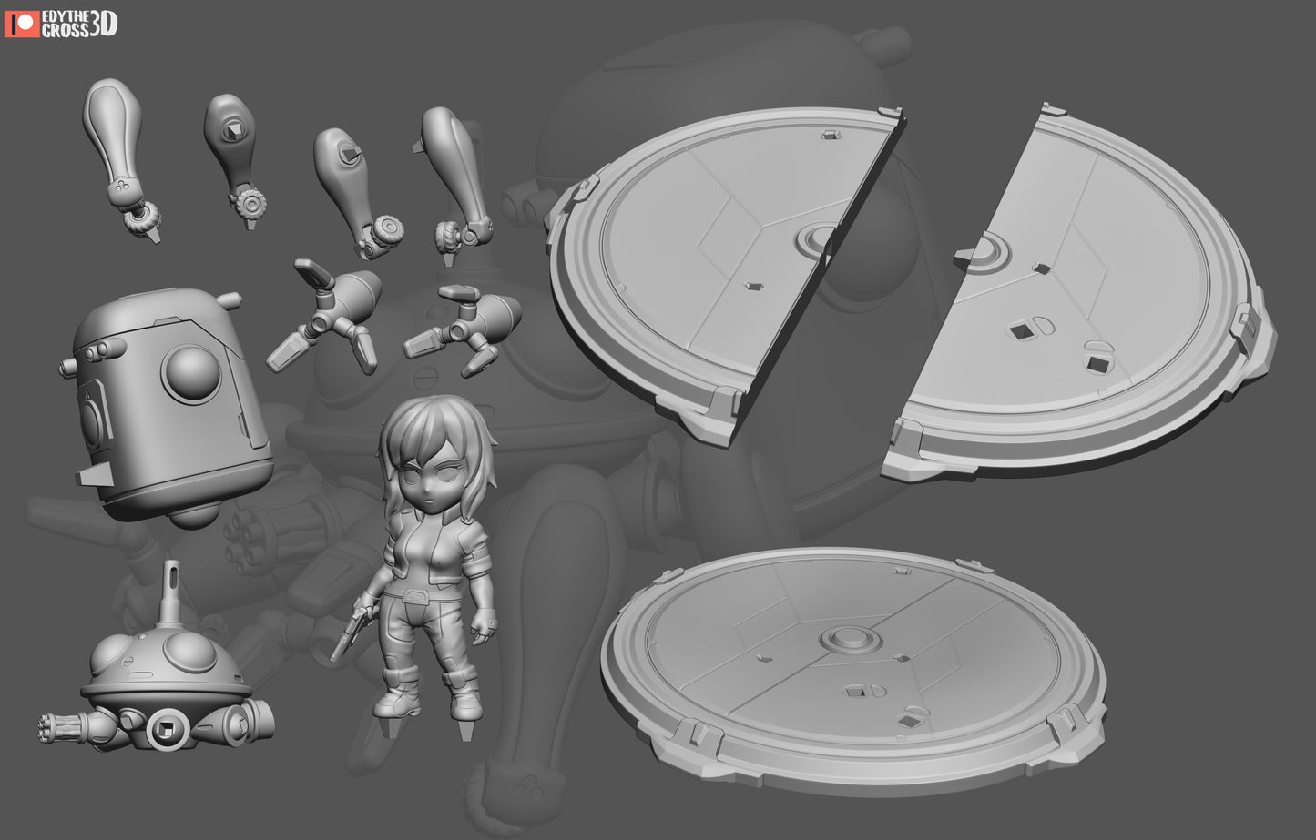 Chibi Cyberpunk Operative and Spider Mech Diorama - 3D Printed Resin Garage Kit, Unassembled, Unpainted