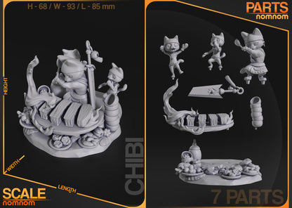 Chibi Cat Chef Diorama - 3d Resin Printed Garage Kit, Unassembled, Unpainted