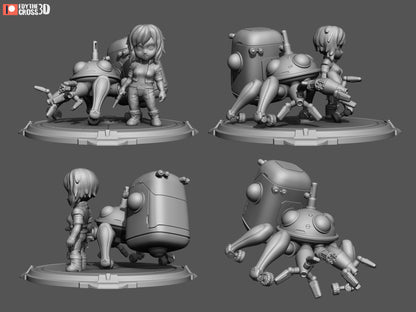 Chibi Cyberpunk Operative and Spider Mech Diorama - 3D Printed Resin Garage Kit, Unassembled, Unpainted