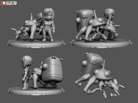 Chibi Cyberpunk Operative and Spider Mech Diorama - 3D Printed Resin Garage Kit, Unassembled, Unpainted