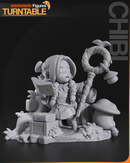 Chibi Dungeon Elf Mage with Spell Staff - 3d Printed Resin Garage Kit - Unassembled, Unpainted